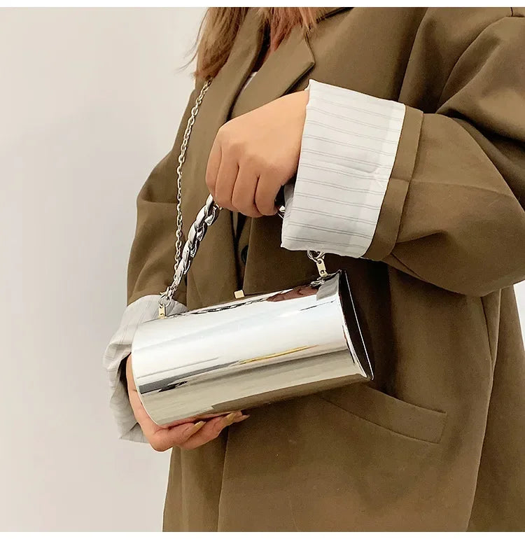 Pochette Cylindre Mini Soirée 2026 - Sac Femme Doré Bandoulière Box Clutch Party - badassmood