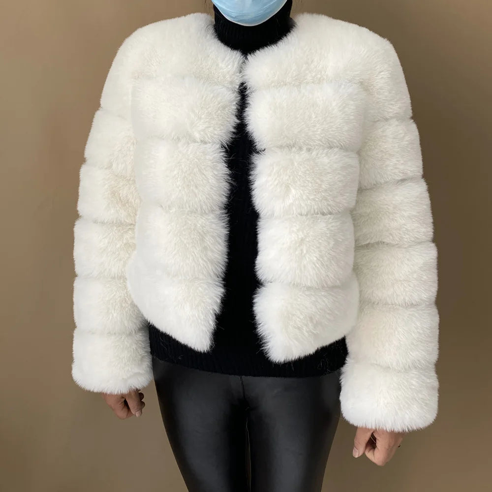 Veste Fourrure Renard Synthétique Beige Femme - Blouson Court Manches 3/4 - badassmood