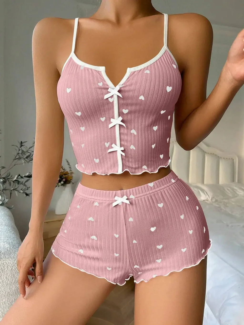 Pyjama Femme Cœurs - Ensemble Débardeur Short Côtelé Volants Été - badassmood