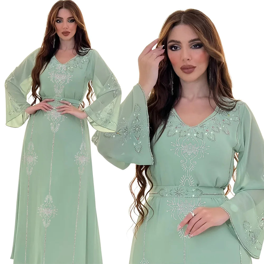 Abaya Musulmane Femme Été - Robe Longue Col V Manches Longues Élégante - badassmood