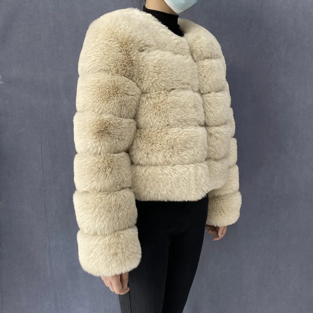 Veste Fourrure Renard Synthétique Beige Femme - Blouson Court Manches 3/4 - badassmood