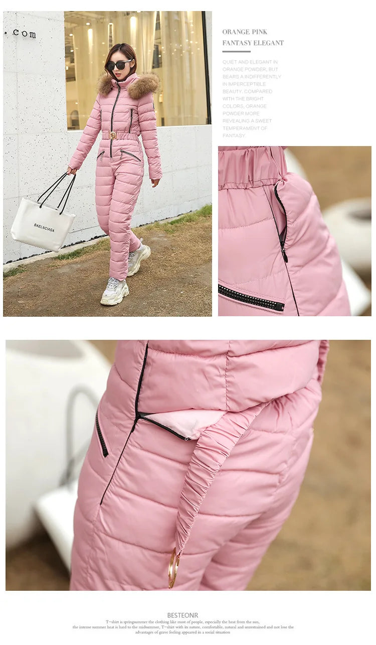 Combinaison Ski Femme Une Pièce 2025 - Parka Capuche Matelassée Coton Jumpsuit Hiver - badassmood