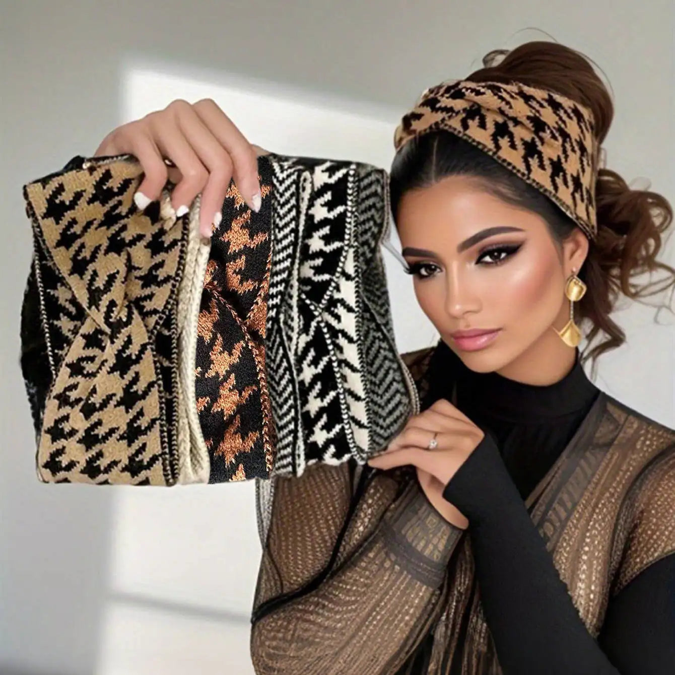 5PCS/3PCS Set Knitted Thousand Bird Fashion Women's Headbands Retro Warm High Elasticity Hairband Hair Accessoires - badassmood