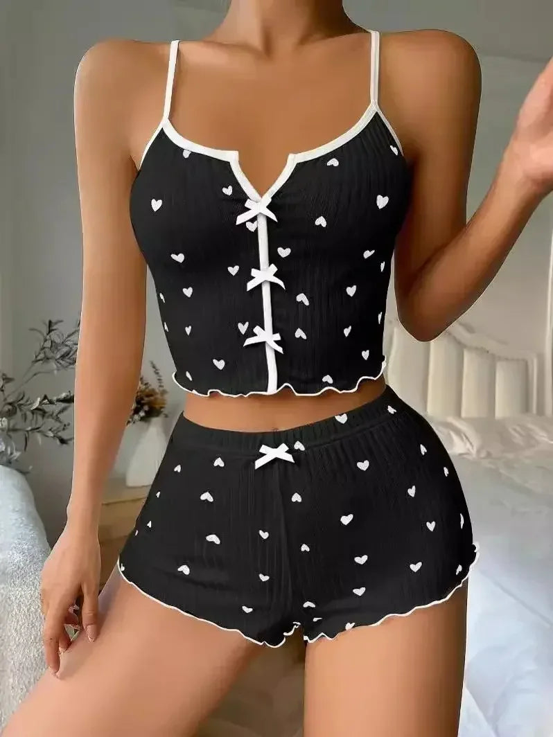Pyjama Femme Cœurs - Ensemble Débardeur Short Côtelé Volants Été - badassmood