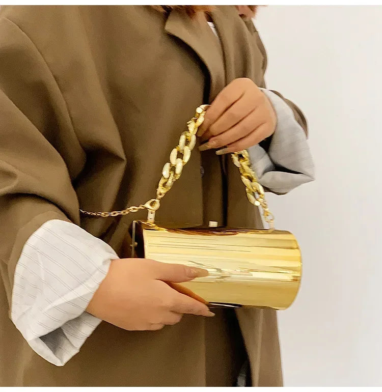Pochette Cylindre Mini Soirée 2026 - Sac Femme Doré Bandoulière Box Clutch Party - badassmood