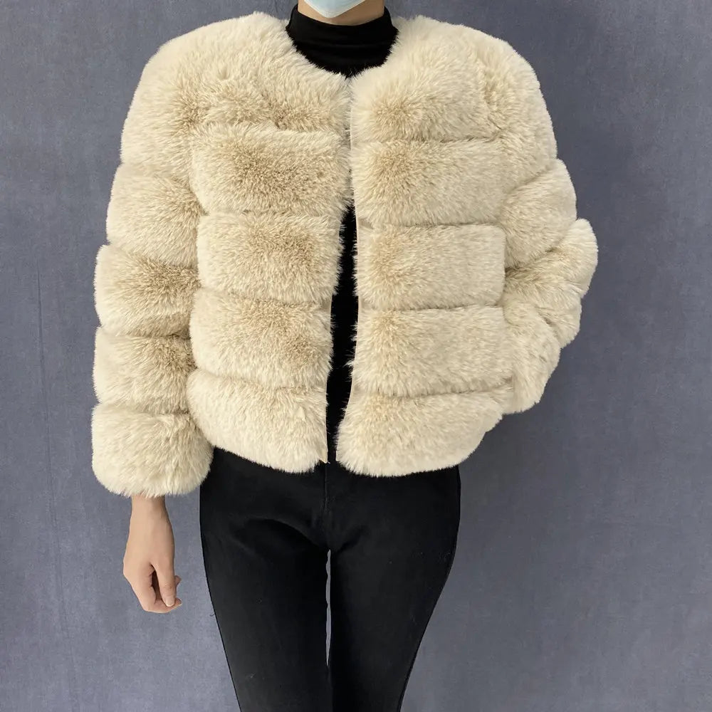 Veste Fourrure Renard Synthétique Beige Femme - Blouson Court Manches 3/4 - badassmood