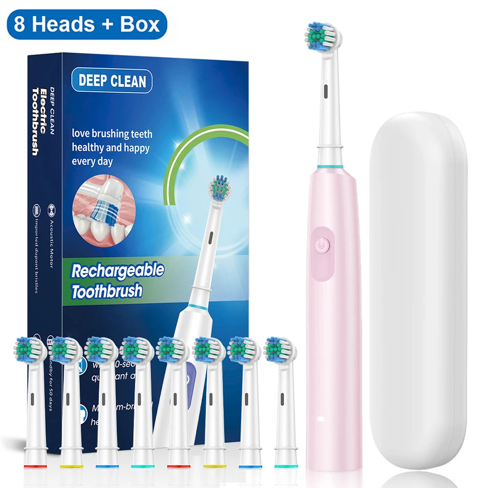 Electric Toothbrush Rotary Rechargeable Electric Toothbrush for Adults Rotating Electric Toothbrushes with 8 Soft Brush Heads - badassmood