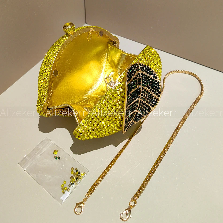 Pochette de soirée en citron avec strass et diamants, sac élégant pour mariage et fête, pour femme sophistiquée.