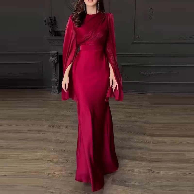 Robe Longue Satin Vintage Femme - Robe Taille Haute Col Rond Banquet Élégante - badassmood