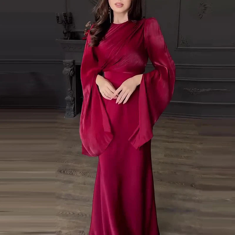 Robe Longue Satin Vintage Femme - Robe Taille Haute Col Rond Banquet Élégante - badassmood