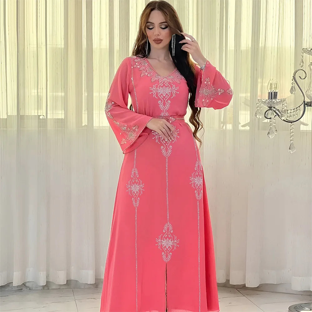 Abaya Musulmane Femme Été - Robe Longue Col V Manches Longues Élégante - badassmood