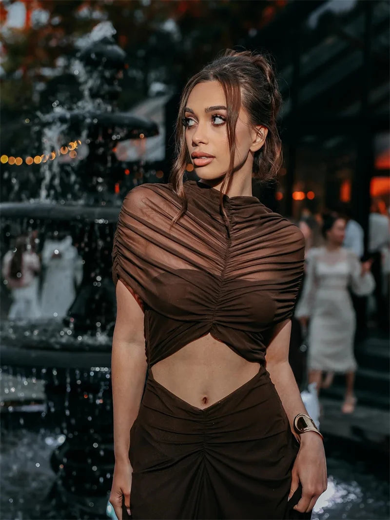 Robe maxi sexy à ajourée avec col rond, manches courtes et taille haute, robe bodycon pour club, marque badassmood.com