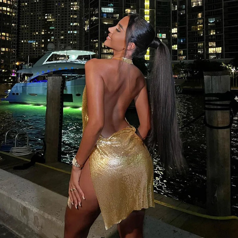 Robe Courte Sequins Dos Nu - Bretelles Soirée Party Glamour - badassmood