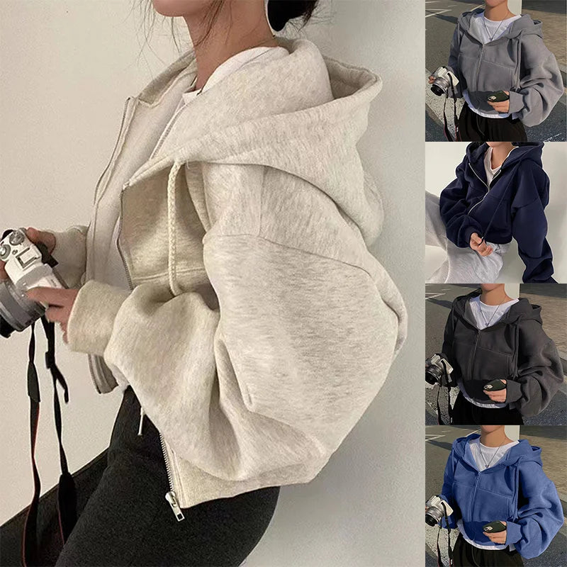 2026 Spring Autumn New Insfleece-lined Versatile Cropped Slims Smooths Silhouette Zip-up Warm Navy Blue Hooded Sweatshirt Women - badassmood
