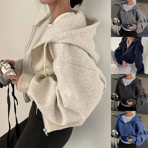 2026 Spring Autumn New Insfleece-lined Versatile Cropped Slims Smooths Silhouette Zip-up Warm Navy Blue Hooded Sweatshirt Women - badassmood