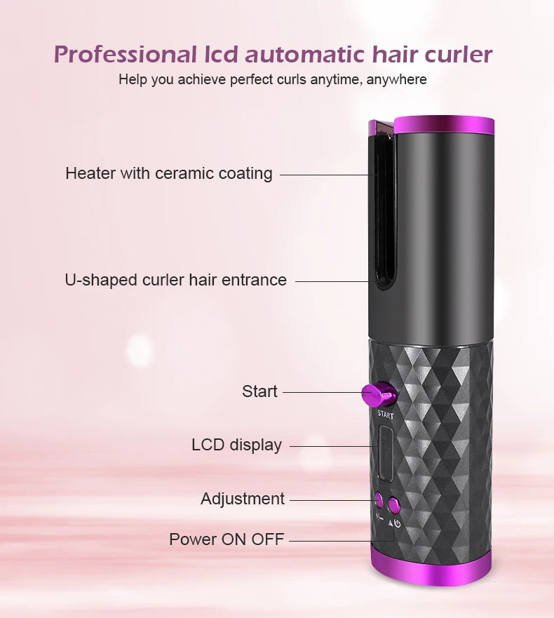 Boucleur automatique sans fil pour cheveux, rechargeable USB, facile à utiliser pour des boucles parfaites sans effort.