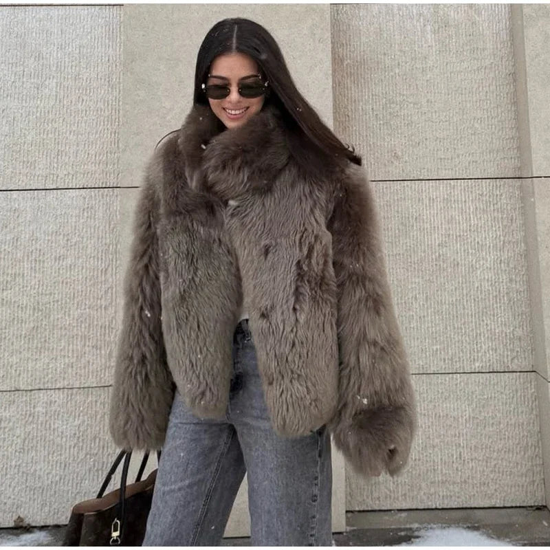 Manteau Fourrure Synthétique Marron Femme - Veste Longue Boutons Pression Hiver - badassmood