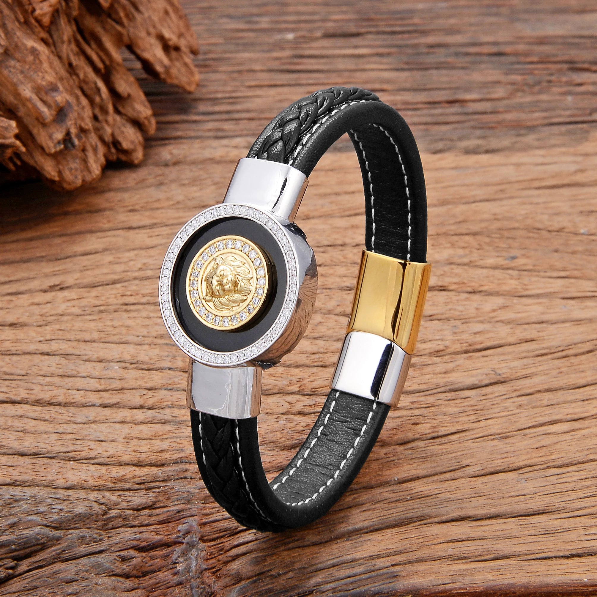 Bracelet Cuir Lion Luxe - Agate Naturelle Zirconium Unisexe Hip-Hop - badassmood