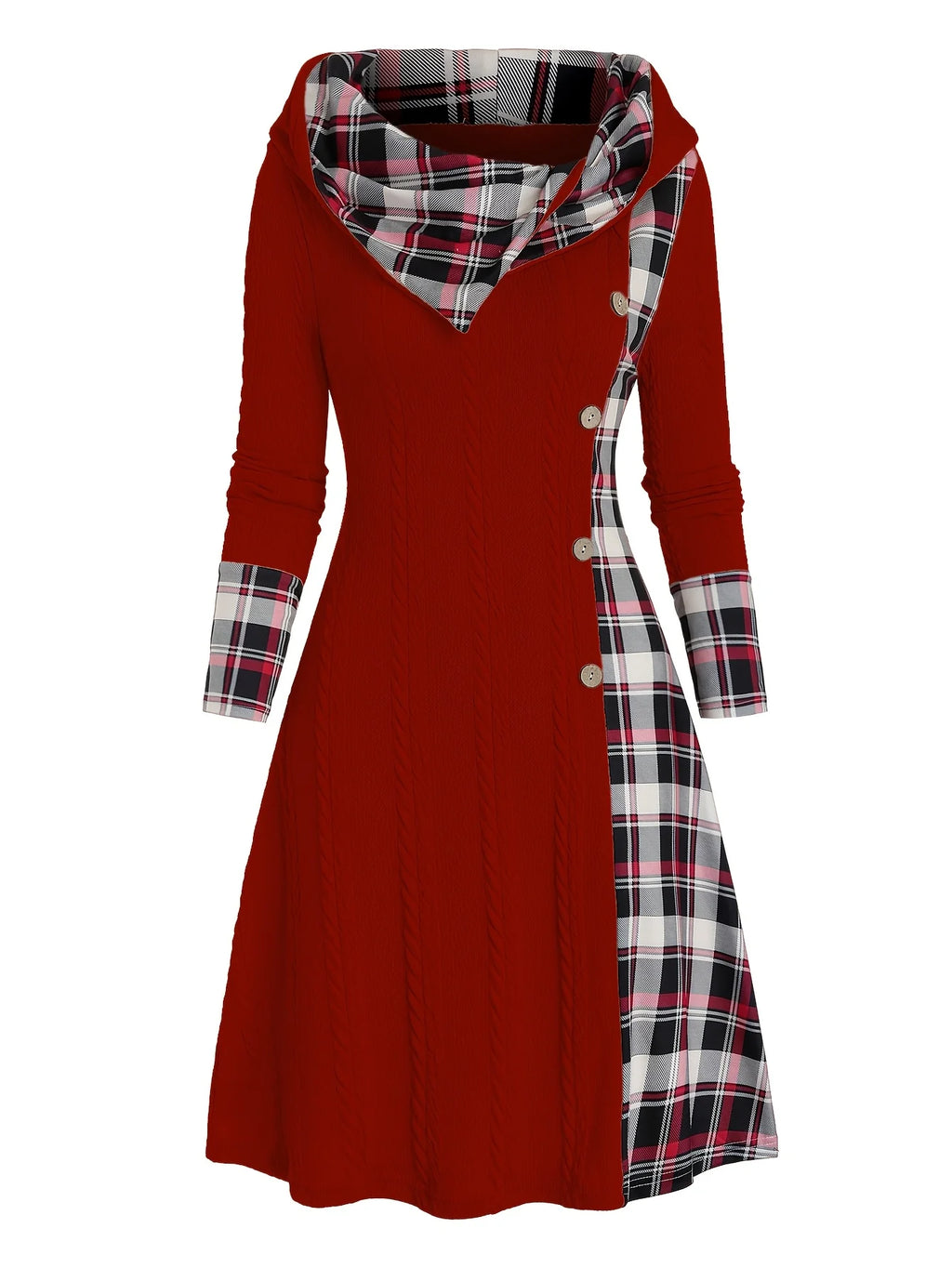 Robe Tricot Femme Capuche Carreaux - Taille Haute Manches Longues Ligne A Automne - badassmood