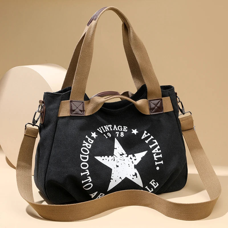 Sac à main femme en toile canvas grand capacité avec poches multiples et 3 modes de port, style pratique et tendance.