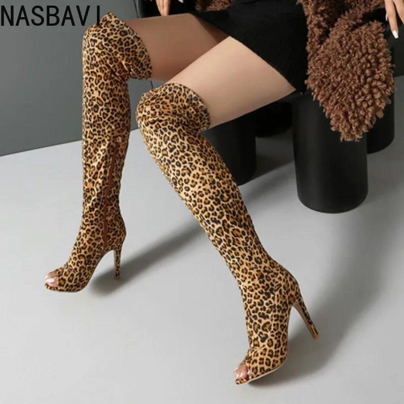 Bottes Cuissardes Léopard Femme Talons Hauts - Cuissardes Zip Élastiques