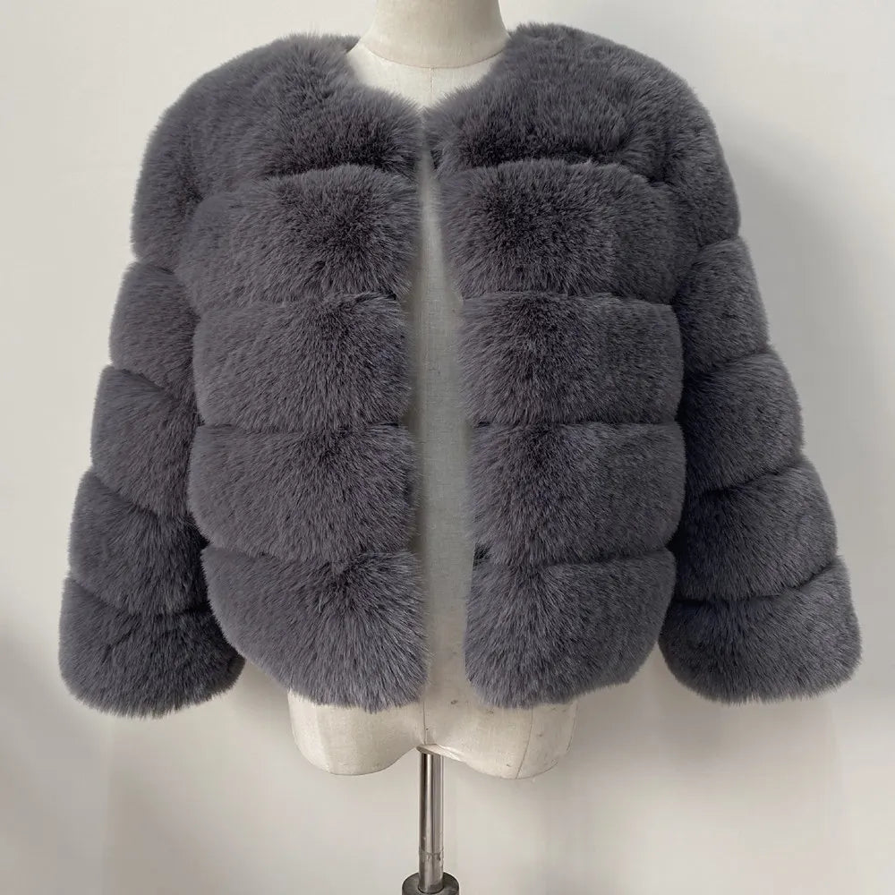 Veste Fourrure Renard Synthétique Beige Femme - Blouson Court Manches 3/4 - badassmood