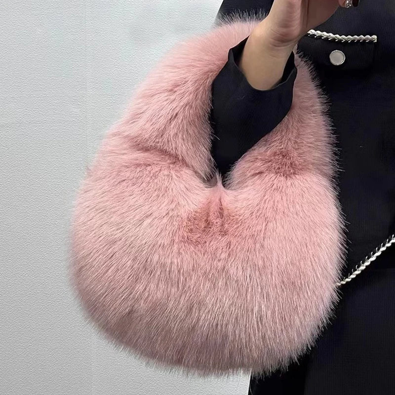 Fashion Soft Plush Half Moon Bags for Women Designer Fluffy Faux Fur Lady Handbags Luxury Small Tote Female Winter Purses - badassmood