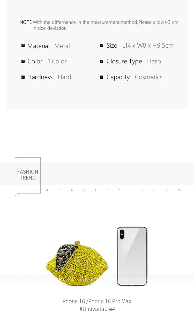Pochette soirée citron avec strass et diamants, sac élégant pour mariage et fête, accessoires luxe pour femme.
