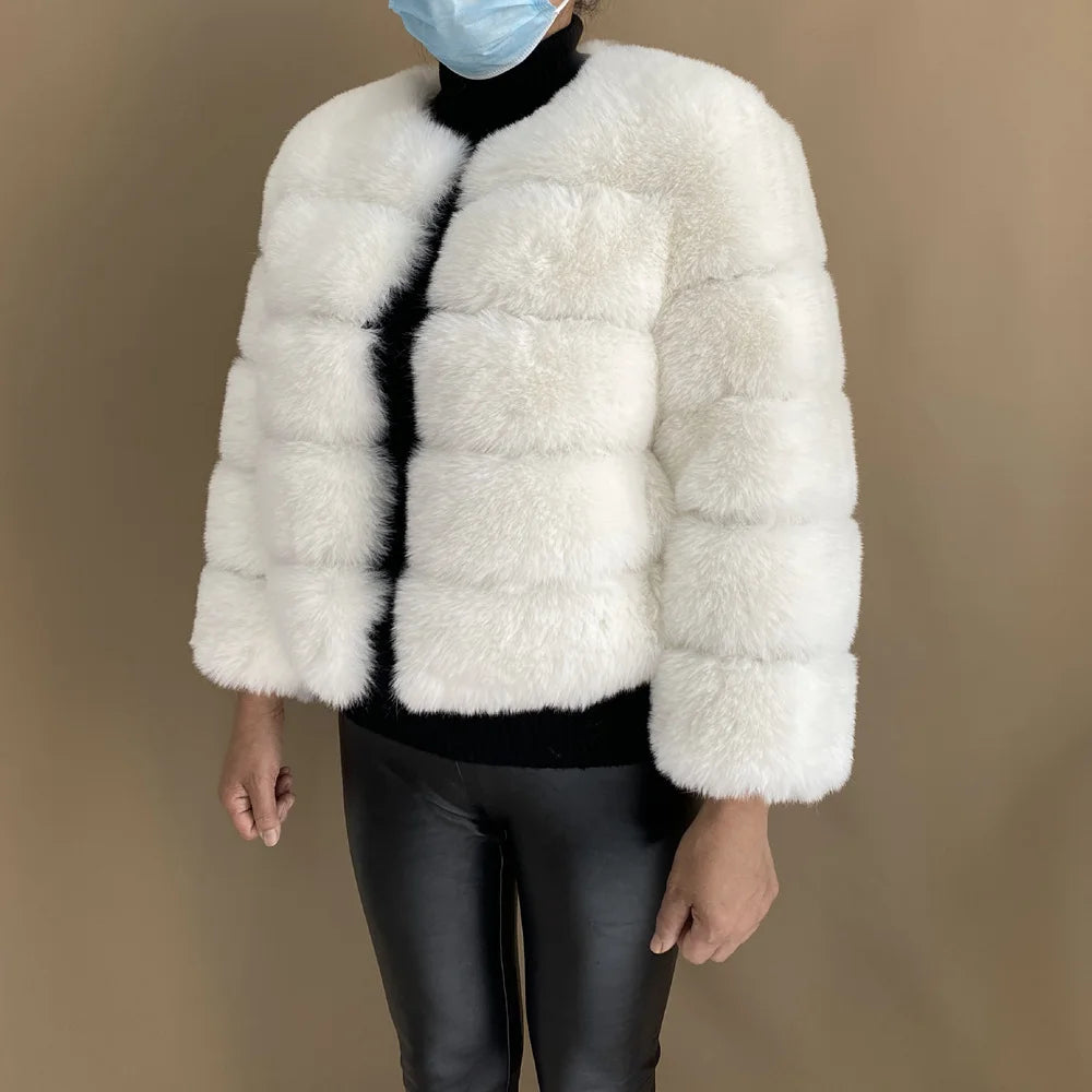 Veste Fourrure Renard Synthétique Beige Femme - Blouson Court Manches 3/4 - badassmood