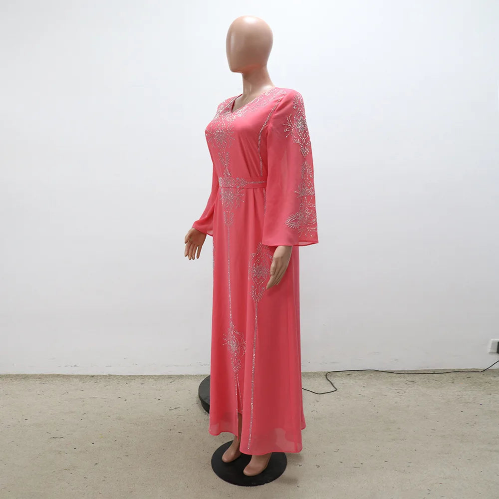 Abaya Musulmane Femme Été - Robe Longue Col V Manches Longues Élégante - badassmood