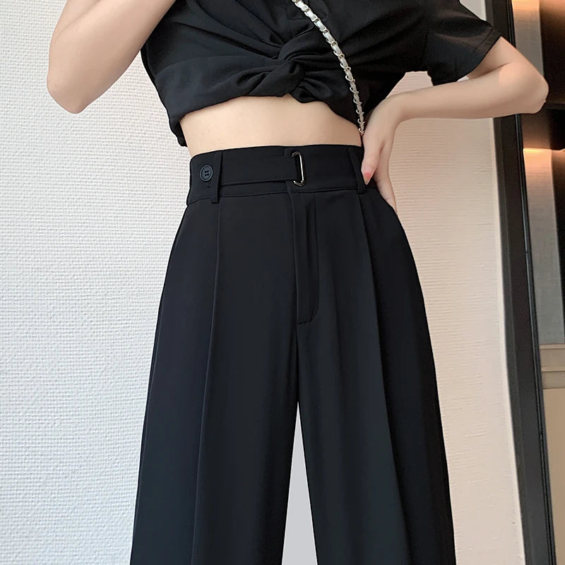 Pantalon large taille haute pour femme, style casual élégant, couleur unie, idéal pour bureau, fabriqué par badassmood.com