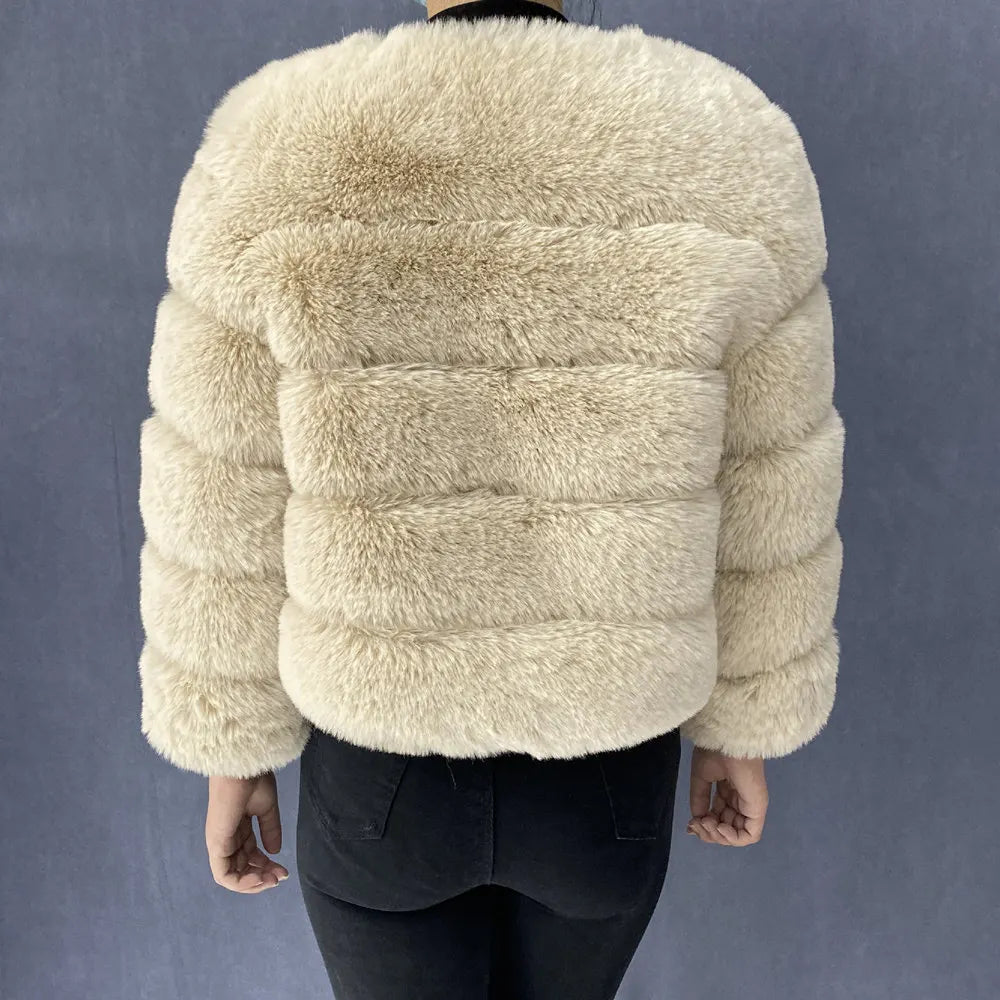 Veste Fourrure Renard Synthétique Beige Femme - Blouson Court Manches 3/4 - badassmood