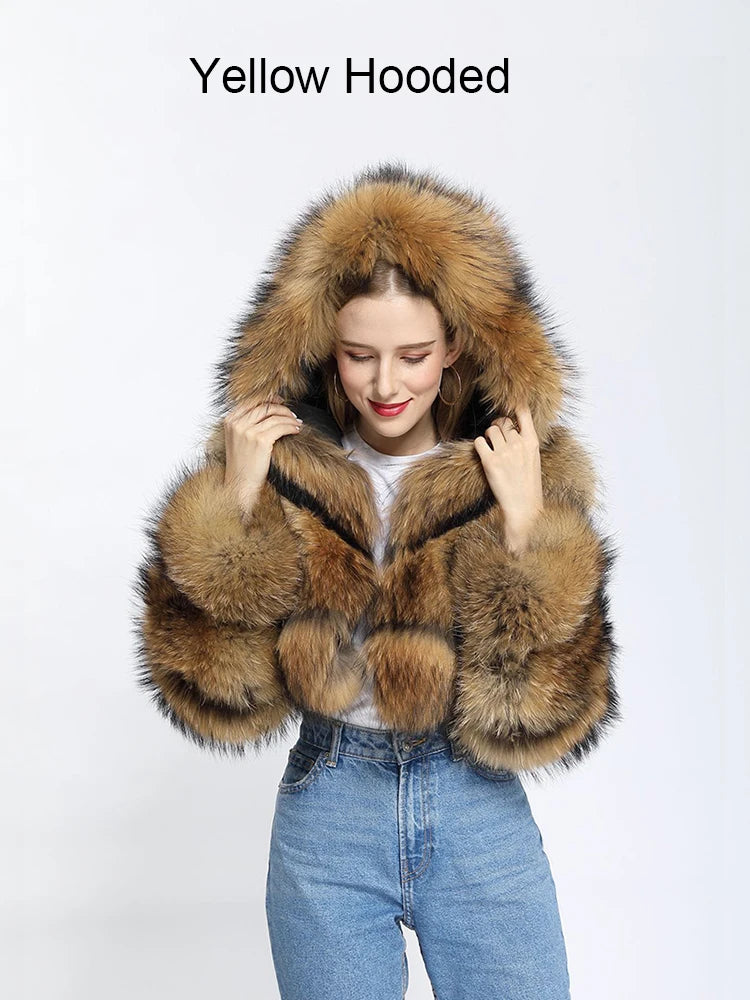 ZADORIN High Quality Cropped Faux Raccoon Fur Coat Women Winter Fashion O Neck Long Sleeve Fluffy Short Faux Fur Jacket Crop Top - badassmood