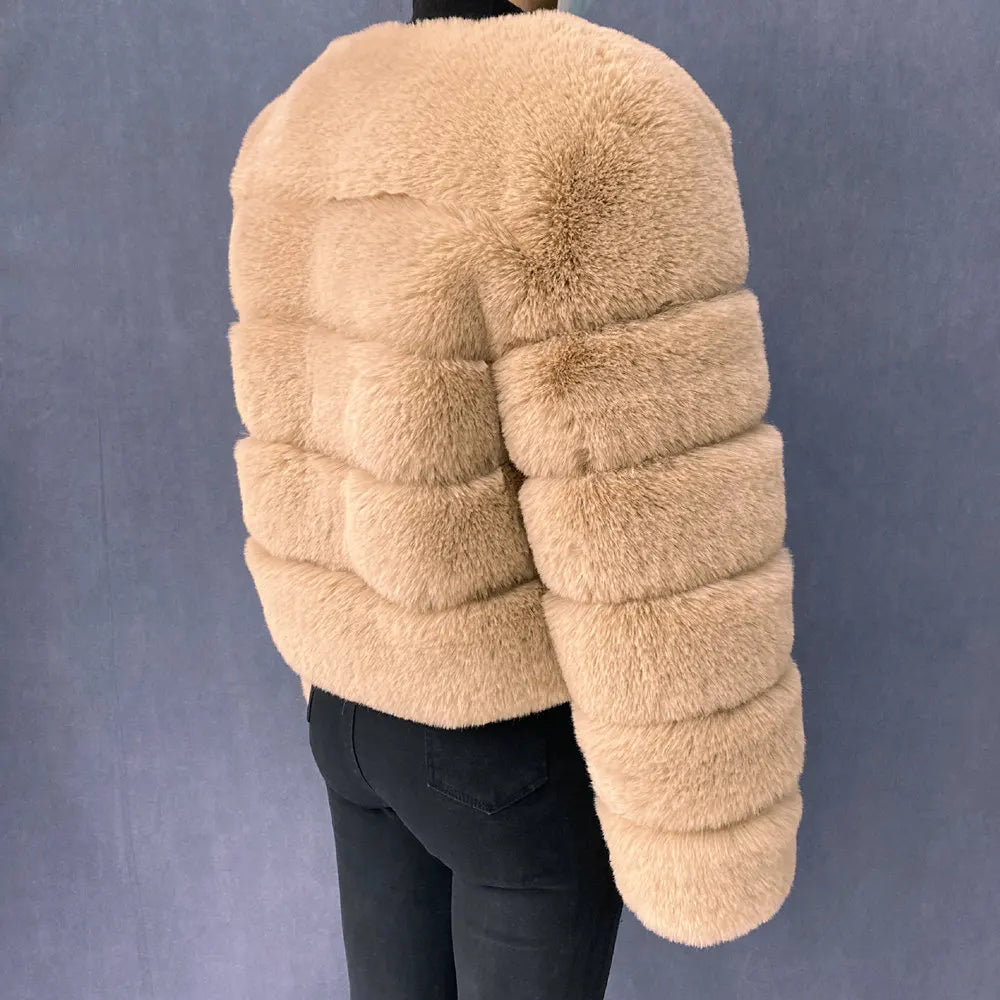 Veste Fourrure Renard Synthétique Beige Femme - Blouson Court Manches 3/4 - badassmood