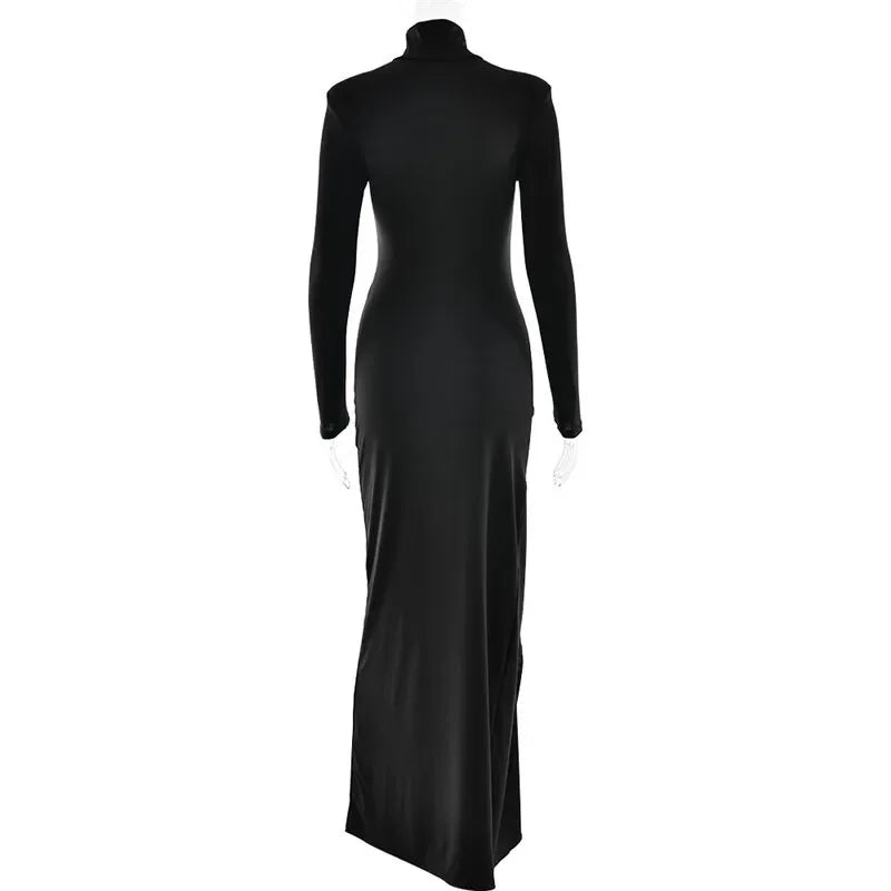 Robe maxi noire à col roulé, fendue à la cuisse, manches longues, drapée, style bandage, robe bodycon de badassmood.com