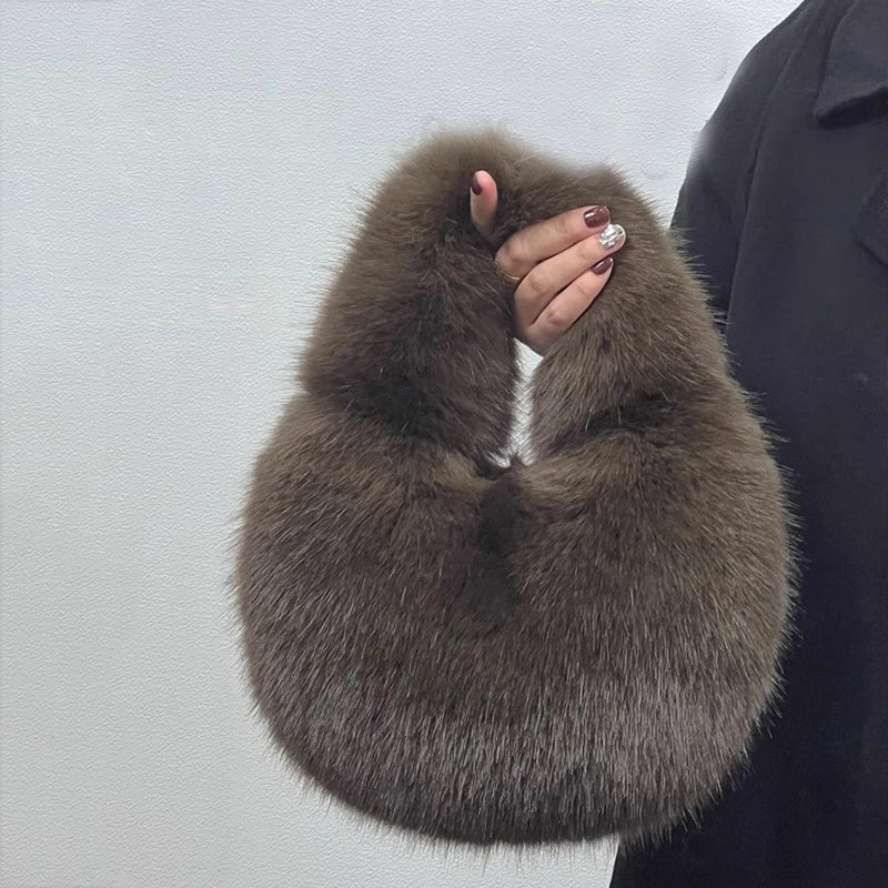 Fashion Soft Plush Half Moon Bags for Women Designer Fluffy Faux Fur Lady Handbags Luxury Small Tote Female Winter Purses - badassmood
