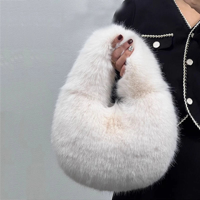 Fashion Soft Plush Half Moon Bags for Women Designer Fluffy Faux Fur Lady Handbags Luxury Small Tote Female Winter Purses - badassmood