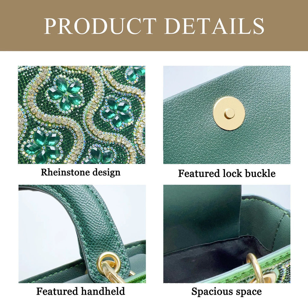 Pochette soirée femme avec chaîne en strass et diamants, sac bandoulière luxe pour occasions élégantes.