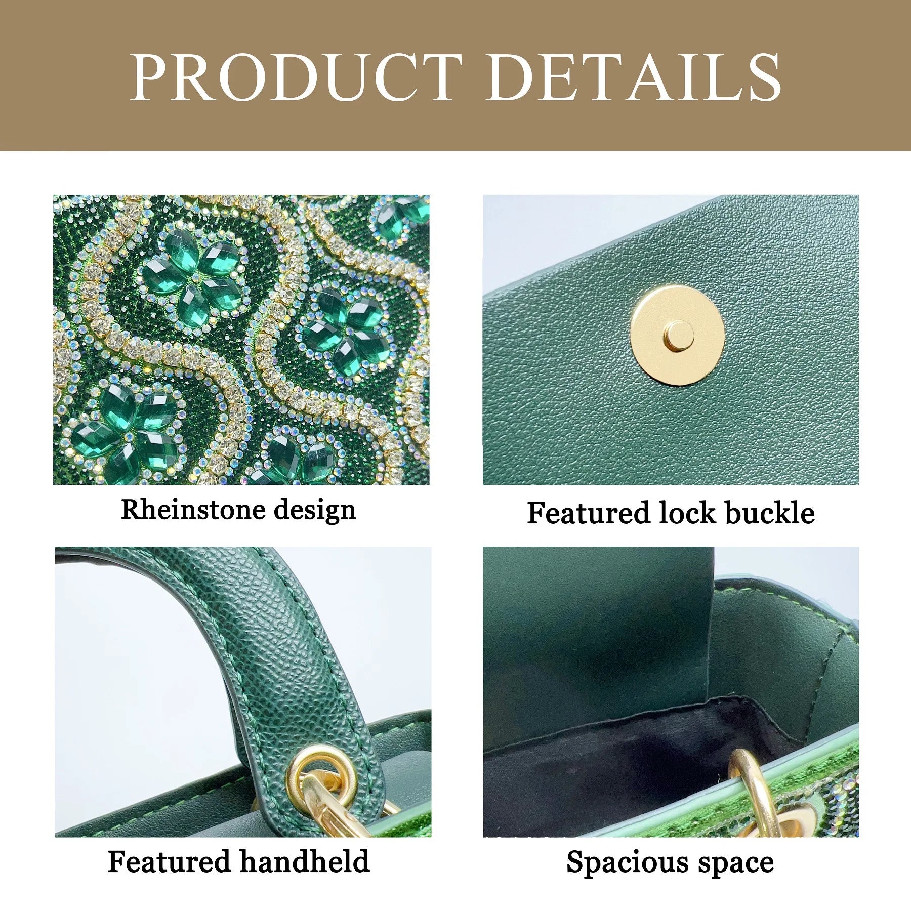 Pochette soirée femme avec chaîne en strass et diamants, sac bandoulière luxe pour occasions élégantes.