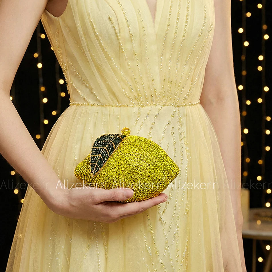 Pochette de soirée en citron avec strass et diamants, sac élégant pour mariage et fête, luxe pour femme.
