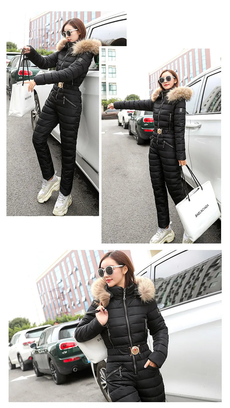 Combinaison Ski Femme Une Pièce 2025 - Parka Capuche Matelassée Coton Jumpsuit Hiver - badassmood