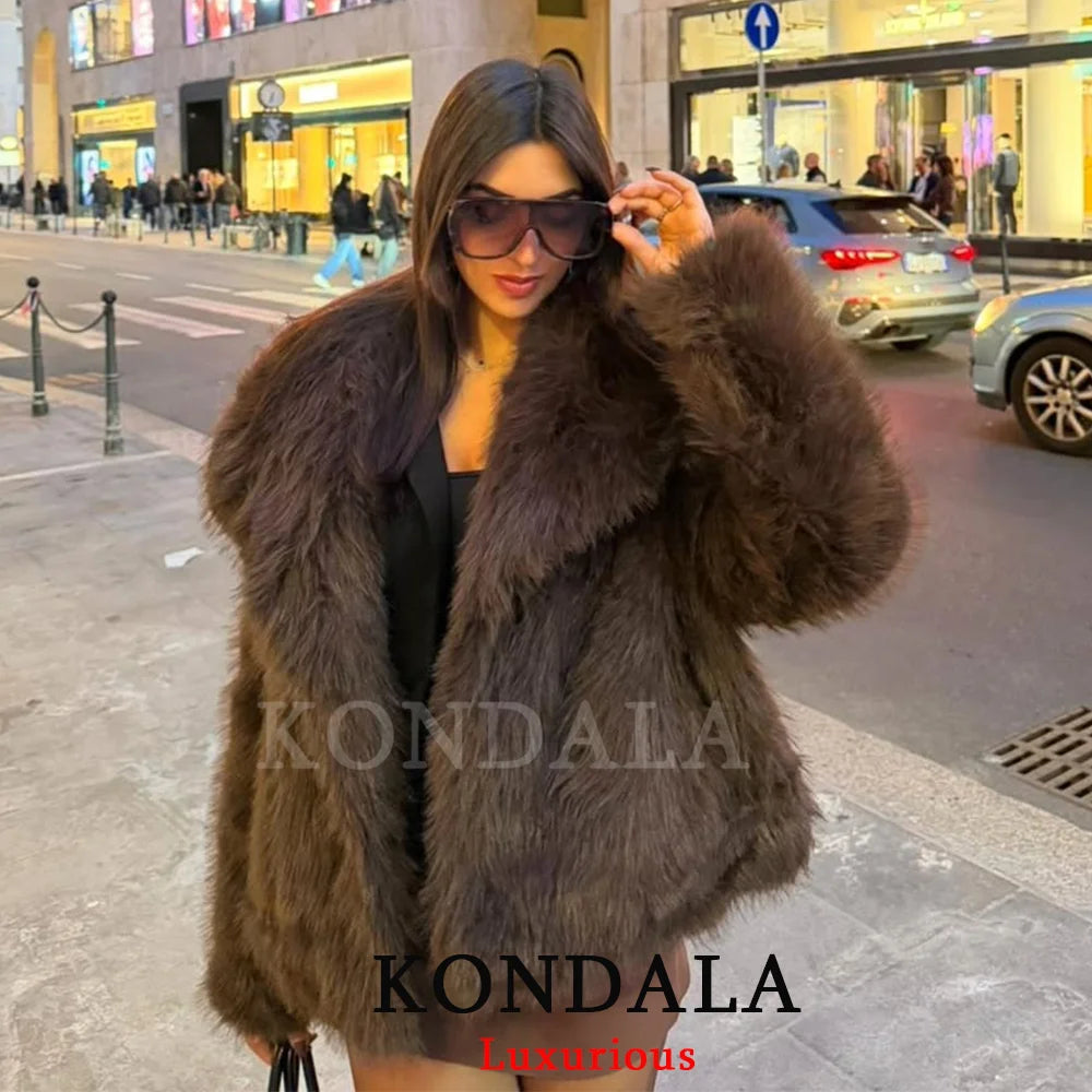 Veste Fourrure Synthétique Marron Femme - Manteau Col V Automne Hiver - badassmood