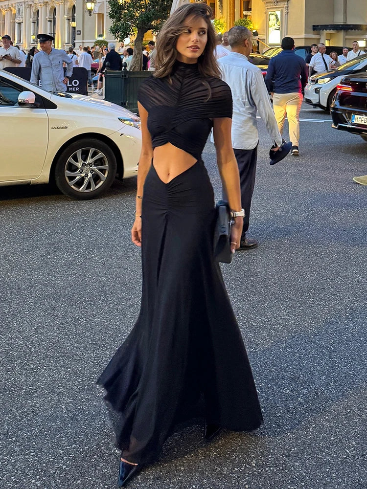 Robe maxi sexy à ajourée avec col rond, manches courtes et taille haute, style bodycon pour club, de la marque badassmood.com