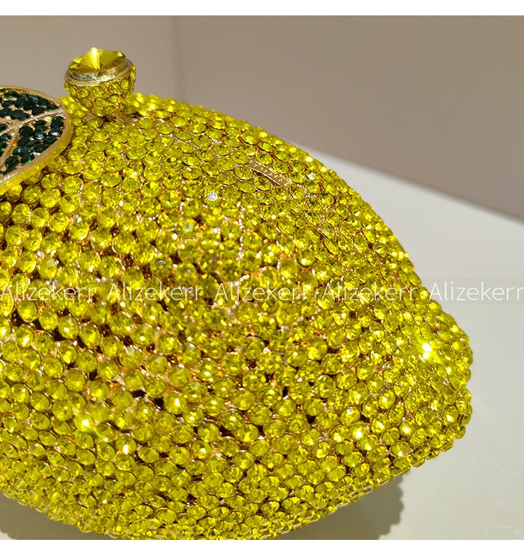 Pochette de soirée Citron Strass et Diamants, sac élégant pour mariage et fête, luxe femme, design brillant et sophistiqué
