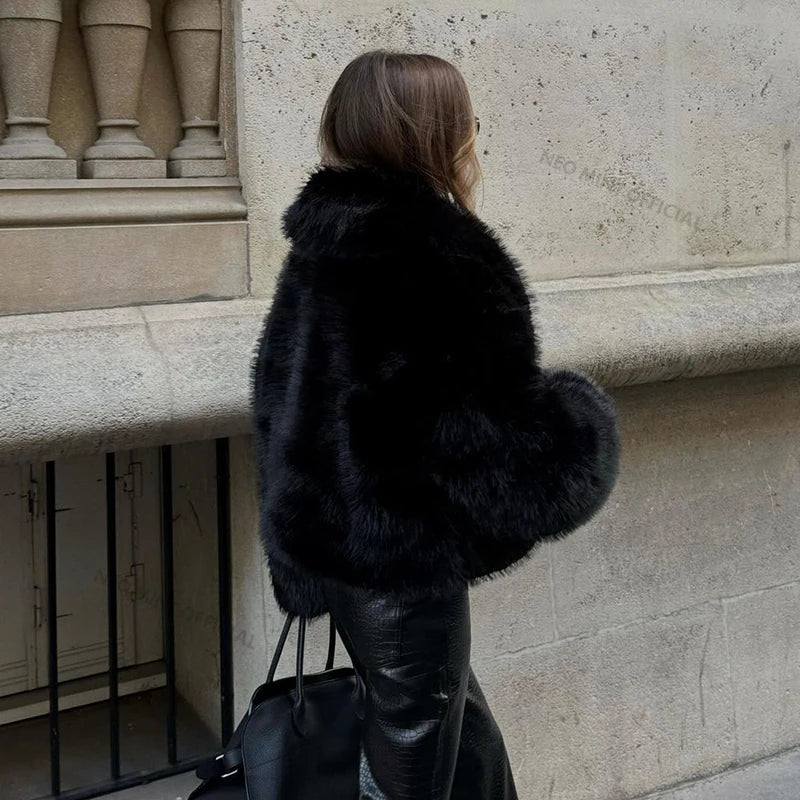 Manteau Fausse Fourrure Renard Noir - Col Châle Street Vintage Chic Hiver - badassmood