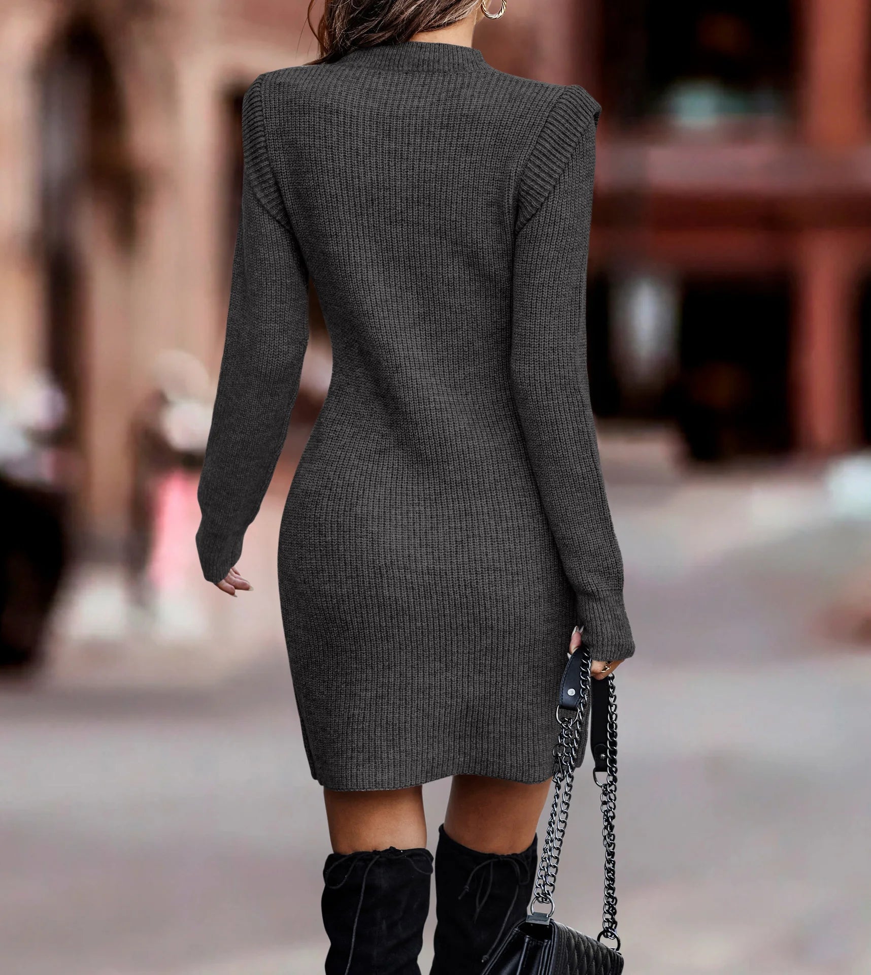 Robe moulante en tricot à col rond pour femme, manches longues, style automne-hiver, sexy et élégante.