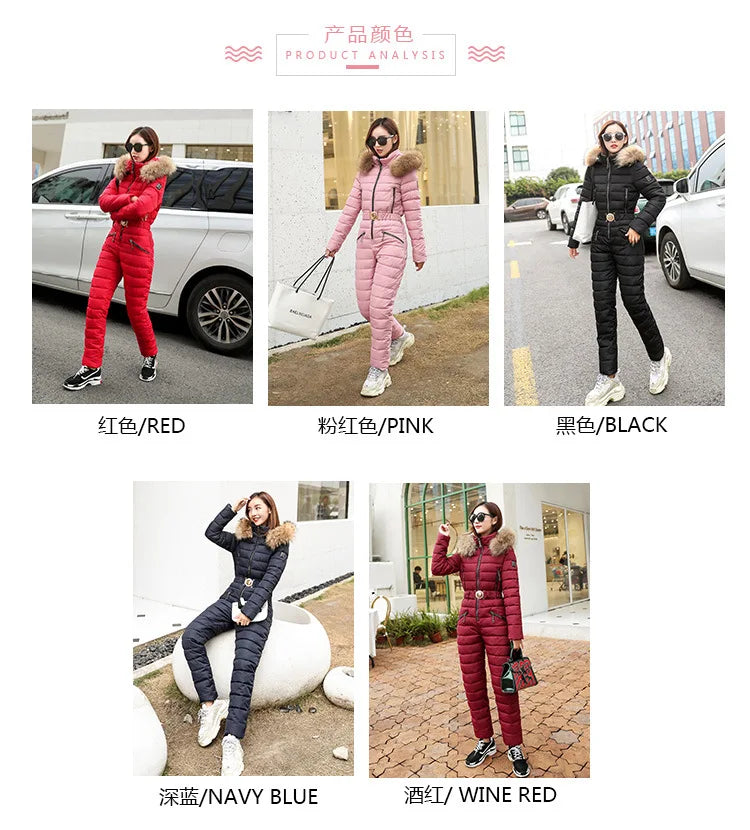 Combinaison Ski Femme Une Pièce 2025 - Parka Capuche Matelassée Coton Jumpsuit Hiver - badassmood