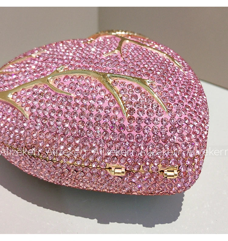 Pochette de soirée en forme de cœur avec strass et diamants, sac de luxe pour mariage et fête, femme élégante.