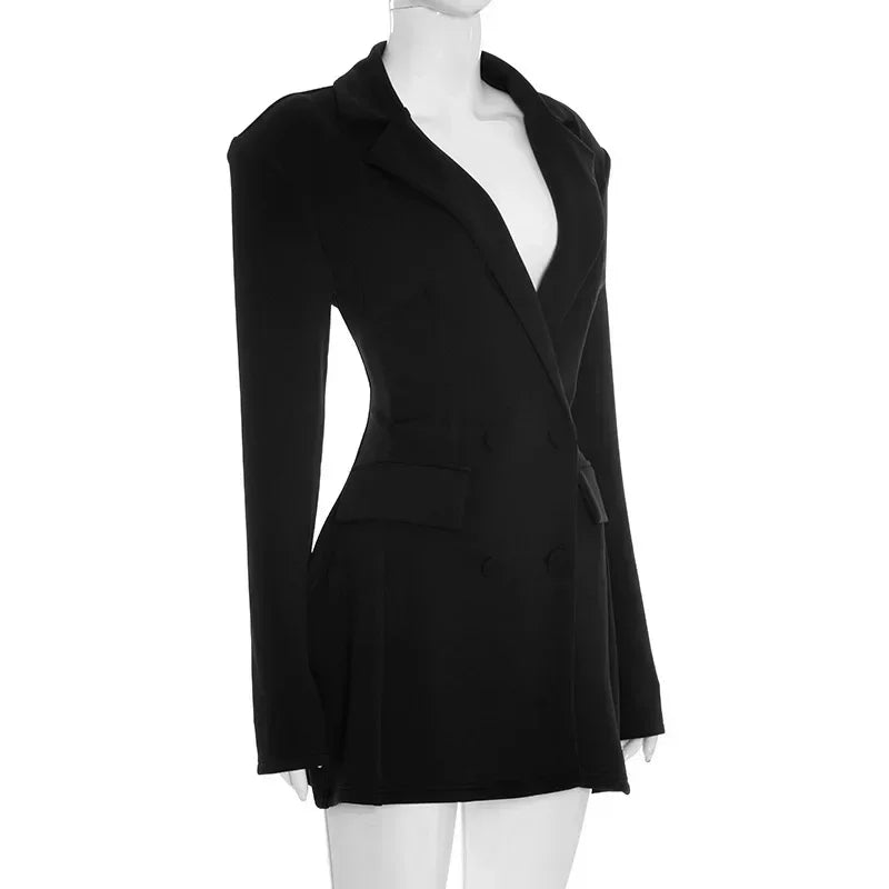 Robe mini chic cintrée avec col V profond, manches longues et double boutonnage, élégante robe de soirée de badassmood.com