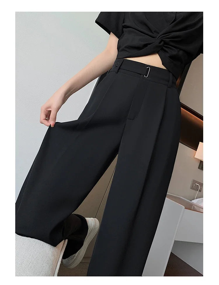 Pantalon large taille haute pour femme, style casual élégant, couleur unie, idéal pour bureau, fabriqué par badassmood.com.
